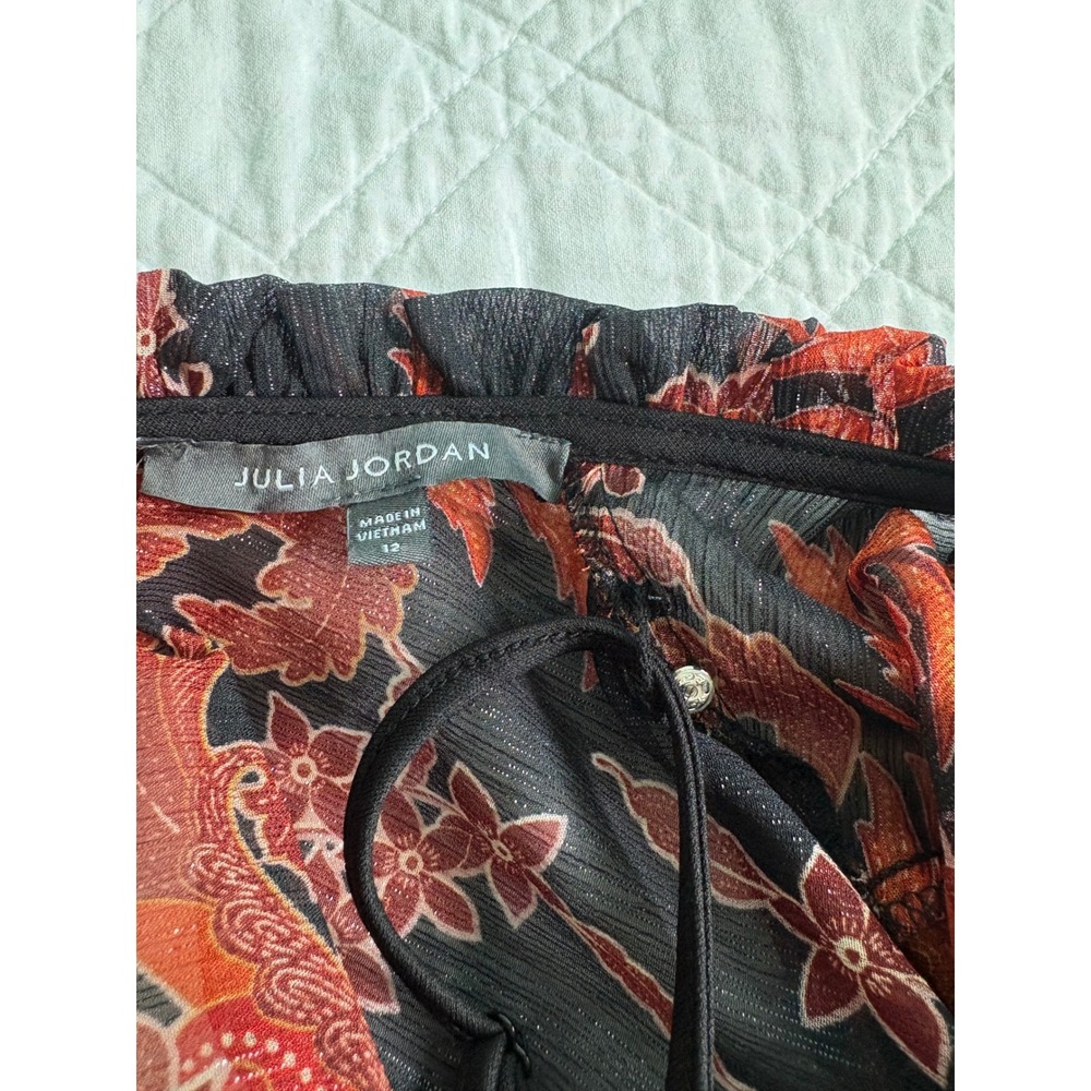 Julia Jordan Dress Metallic Floral Paisley Ruffle Neck Midi Black Orange Size 12 - Picture 7 of 11